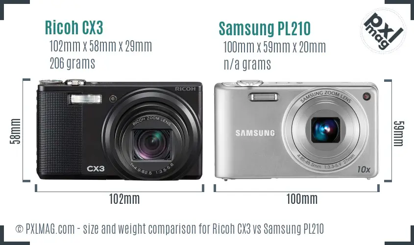Ricoh CX3 vs Samsung PL210 size comparison