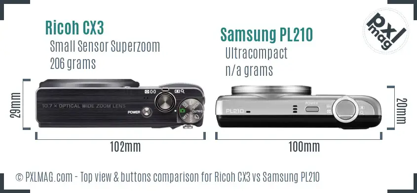 Ricoh CX3 vs Samsung PL210 top view buttons comparison