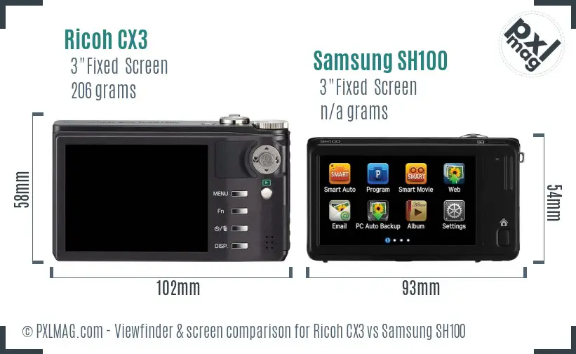 Ricoh CX3 vs Samsung SH100 Screen and Viewfinder comparison