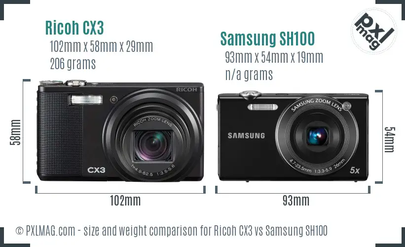 Ricoh CX3 vs Samsung SH100 size comparison