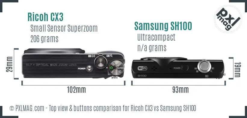 Ricoh CX3 vs Samsung SH100 top view buttons comparison