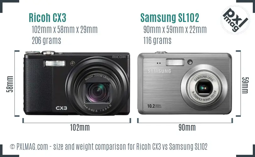 Ricoh CX3 vs Samsung SL102 size comparison