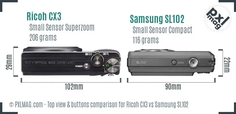 Ricoh CX3 vs Samsung SL102 top view buttons comparison