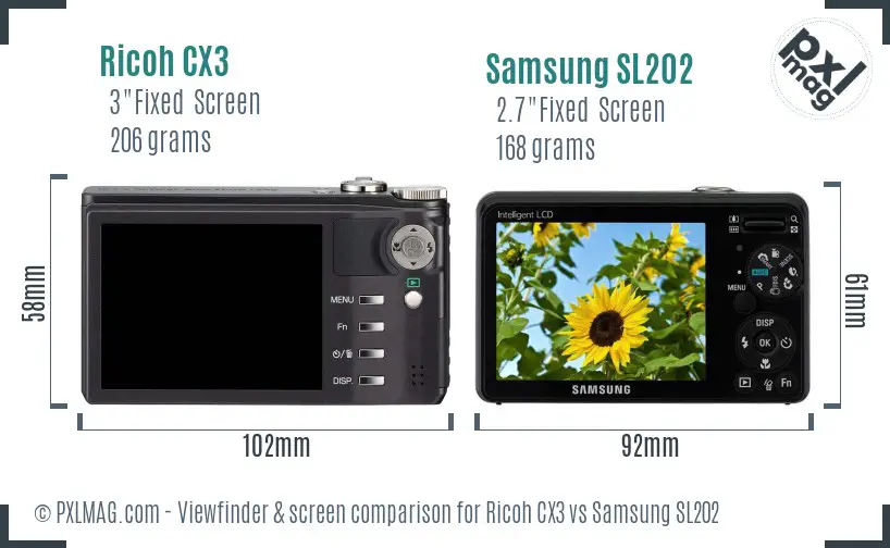 Ricoh CX3 vs Samsung SL202 Screen and Viewfinder comparison