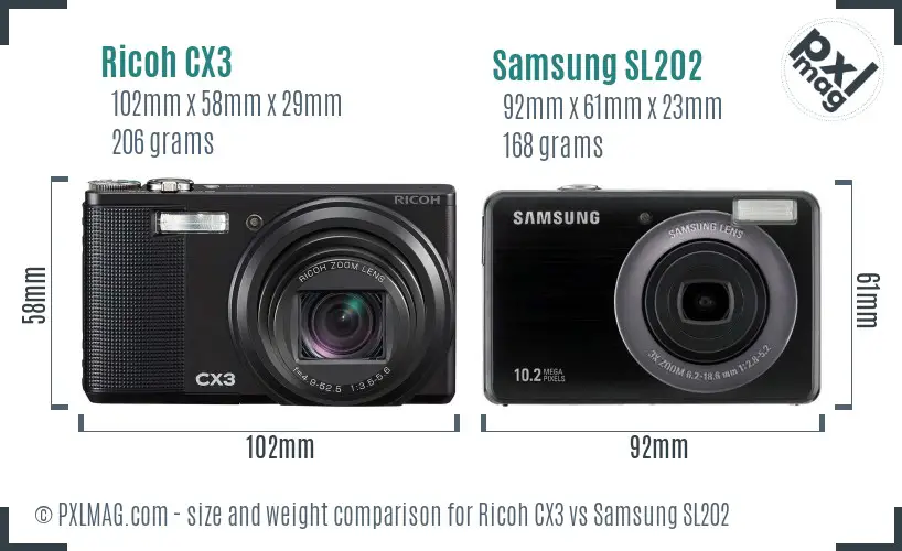 Ricoh CX3 vs Samsung SL202 size comparison