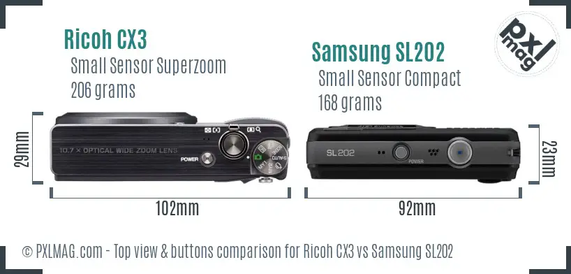 Ricoh CX3 vs Samsung SL202 top view buttons comparison