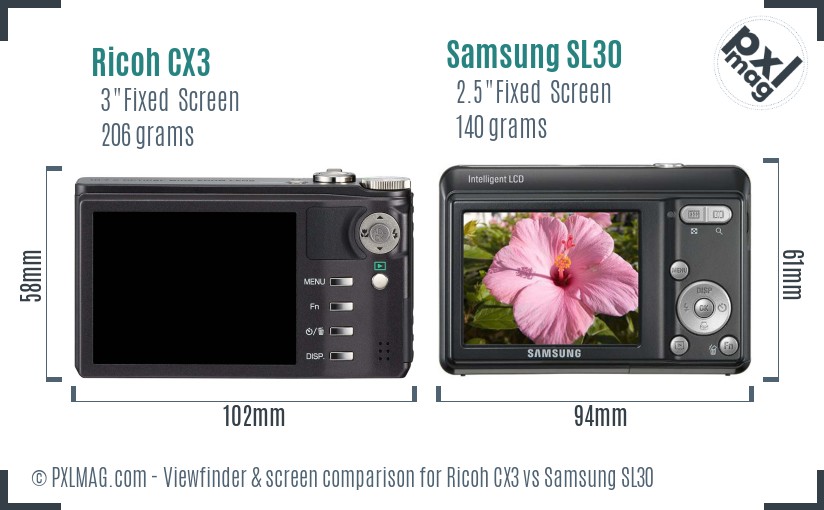 Ricoh CX3 vs Samsung SL30 Screen and Viewfinder comparison