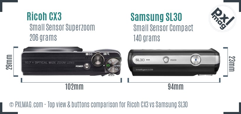 Ricoh CX3 vs Samsung SL30 top view buttons comparison