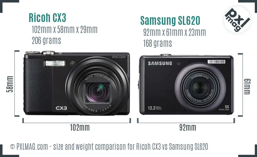 Ricoh CX3 vs Samsung SL620 size comparison