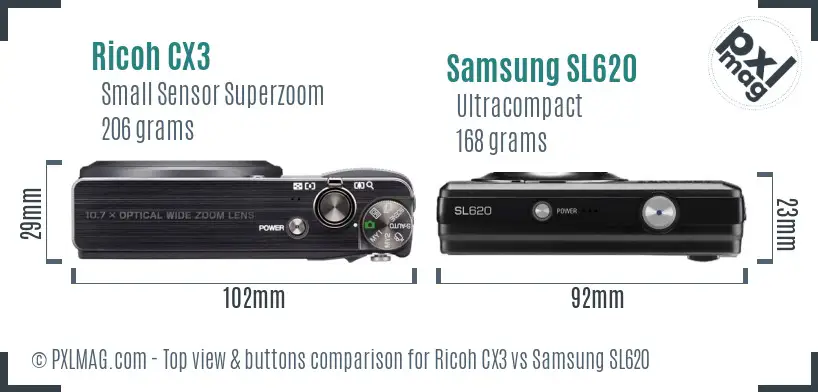 Ricoh CX3 vs Samsung SL620 top view buttons comparison