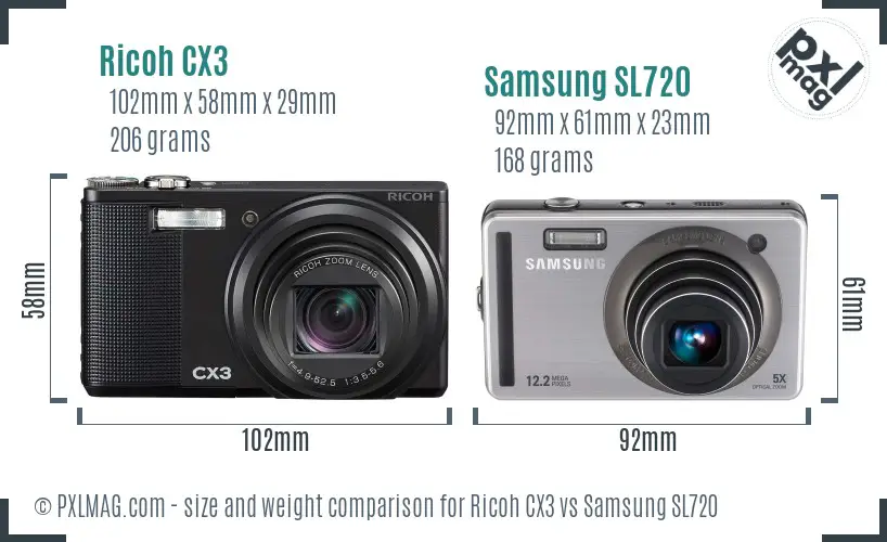 Ricoh CX3 vs Samsung SL720 size comparison