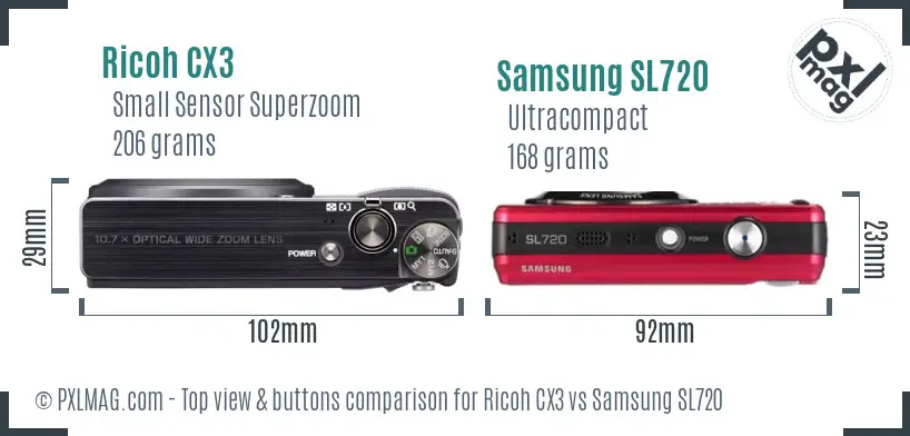 Ricoh CX3 vs Samsung SL720 top view buttons comparison