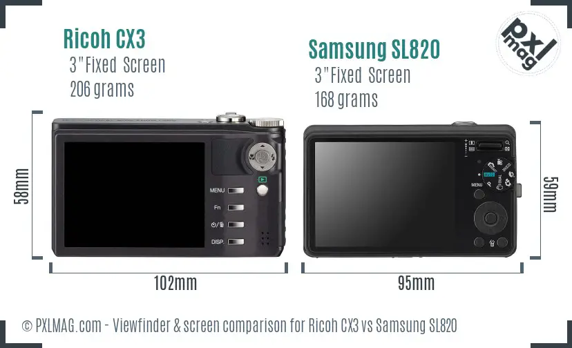 Ricoh CX3 vs Samsung SL820 Screen and Viewfinder comparison