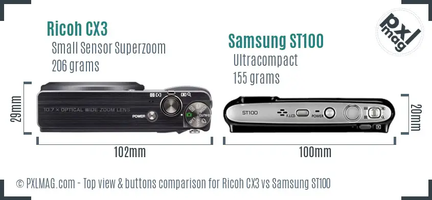Ricoh CX3 vs Samsung ST100 top view buttons comparison