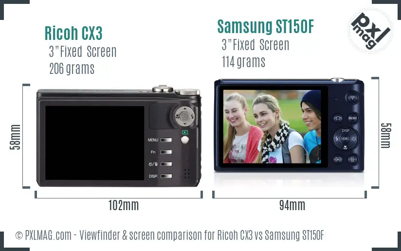 Ricoh CX3 vs Samsung ST150F Screen and Viewfinder comparison