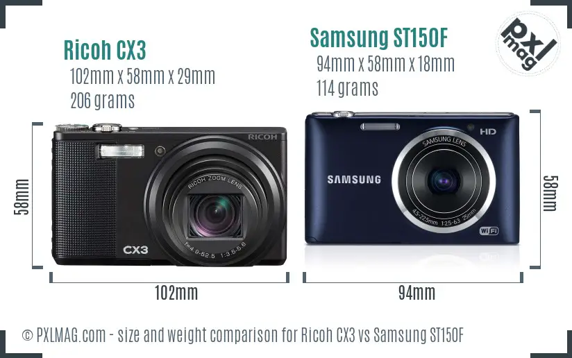 Ricoh CX3 vs Samsung ST150F size comparison