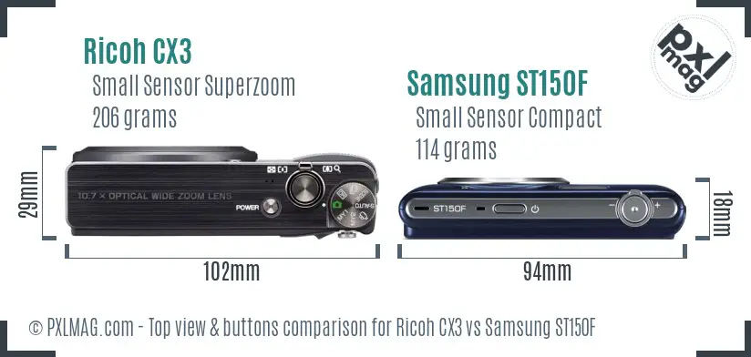Ricoh CX3 vs Samsung ST150F top view buttons comparison