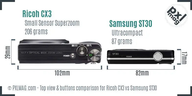 Ricoh CX3 vs Samsung ST30 top view buttons comparison