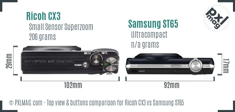 Ricoh CX3 vs Samsung ST65 top view buttons comparison Ricoh CX3 vs Samsung ST65 top view buttons comparison