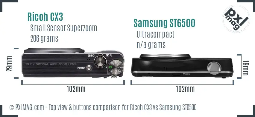 Ricoh CX3 vs Samsung ST6500 top view buttons comparison