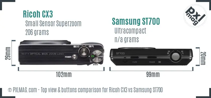 Ricoh CX3 vs Samsung ST700 top view buttons comparison