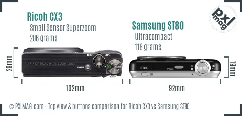 Ricoh CX3 vs Samsung ST80 top view buttons comparison