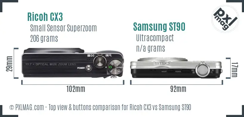 Ricoh CX3 vs Samsung ST90 top view buttons comparison Ricoh CX3 vs Samsung ST90 top view buttons comparison