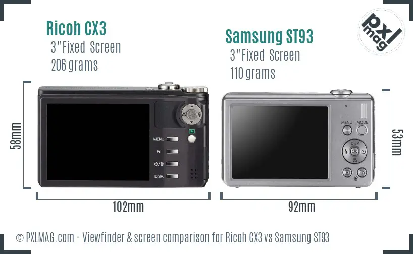 Ricoh CX3 vs Samsung ST93 Screen and Viewfinder comparison