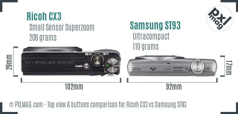 Ricoh CX3 vs Samsung ST93 top view buttons comparison