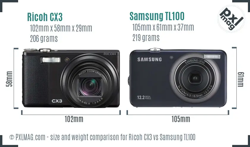 Ricoh CX3 vs Samsung TL100 size comparison