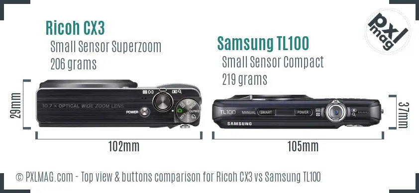 Ricoh CX3 vs Samsung TL100 top view buttons comparison