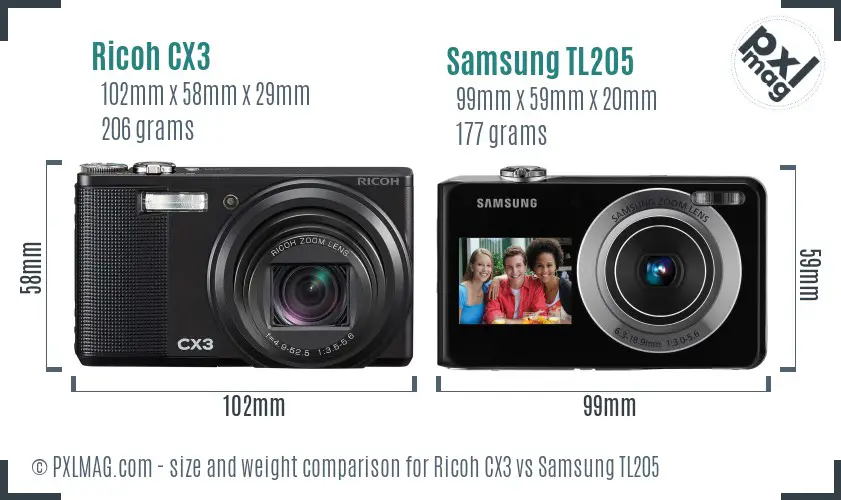 Ricoh CX3 vs Samsung TL205 size comparison