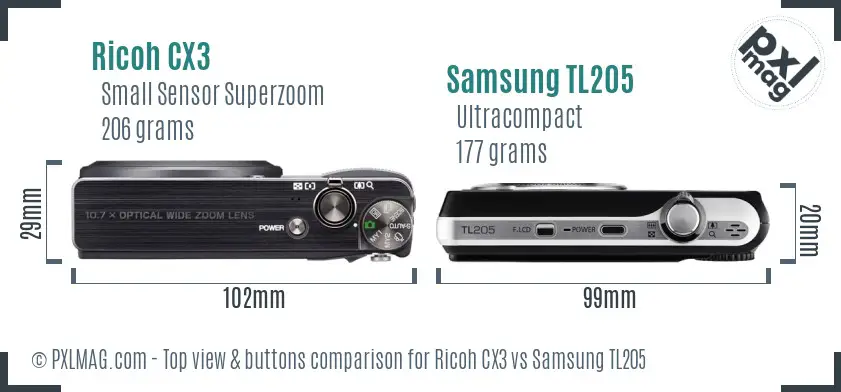 Ricoh CX3 vs Samsung TL205 top view buttons comparison