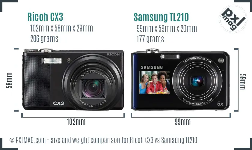 Ricoh CX3 vs Samsung TL210 size comparison