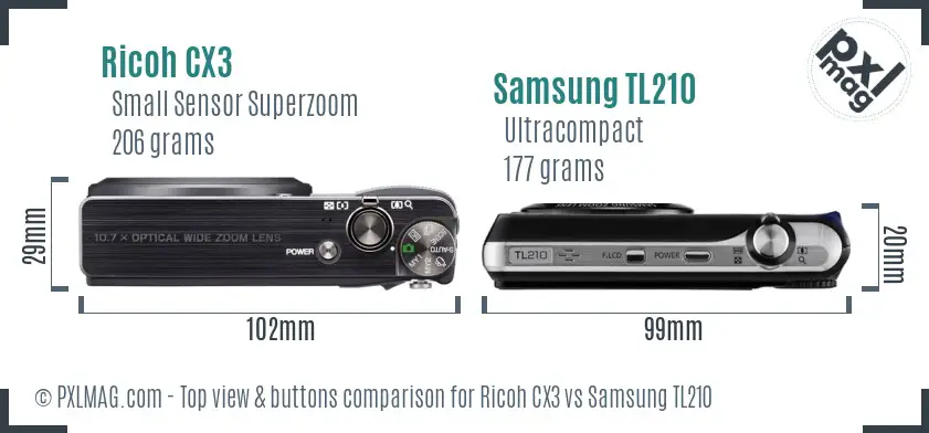 Ricoh CX3 vs Samsung TL210 top view buttons comparison