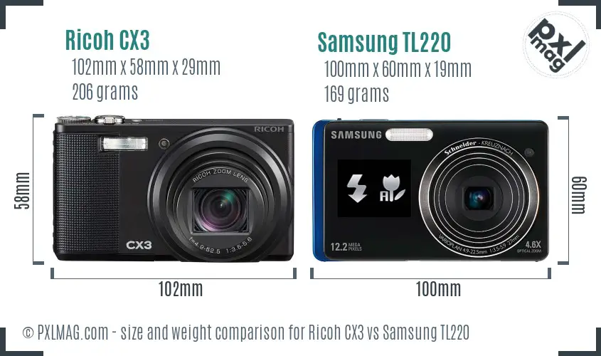 Ricoh CX3 vs Samsung TL220 size comparison