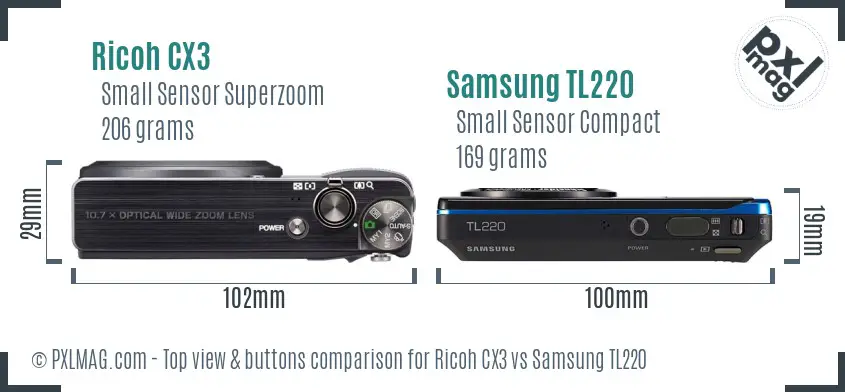 Ricoh CX3 vs Samsung TL220 top view buttons comparison