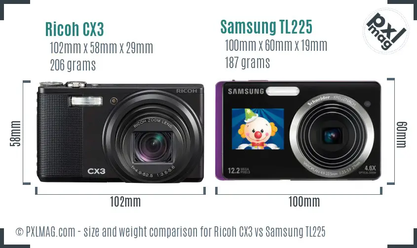 Ricoh CX3 vs Samsung TL225 size comparison