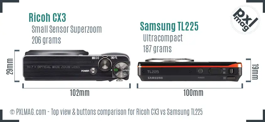 Ricoh CX3 vs Samsung TL225 top view buttons comparison