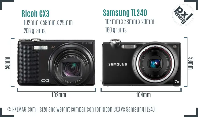 Ricoh CX3 vs Samsung TL240 size comparison