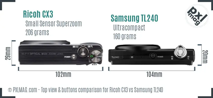 Ricoh CX3 vs Samsung TL240 top view buttons comparison