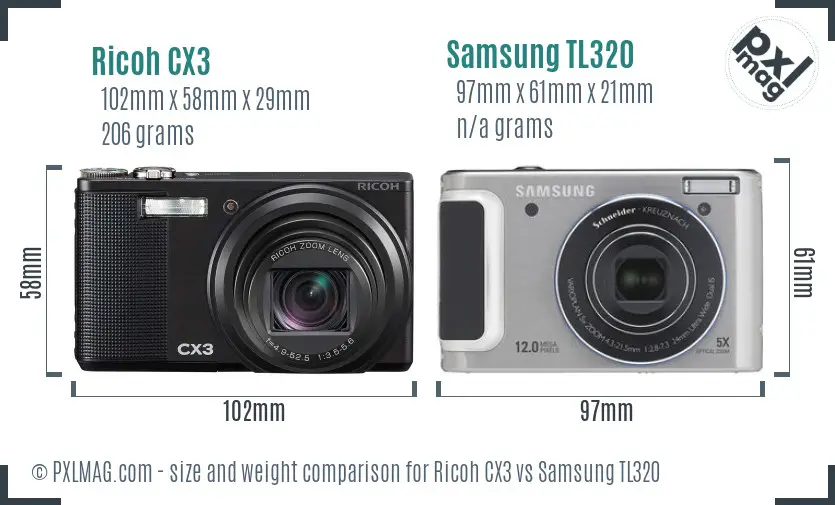 Ricoh CX3 vs Samsung TL320 size comparison