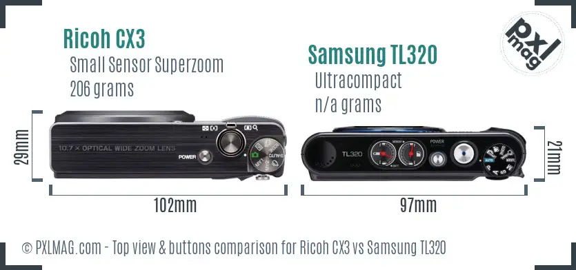 Ricoh CX3 vs Samsung TL320 top view buttons comparison