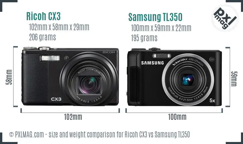 Ricoh CX3 vs Samsung TL350 size comparison