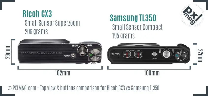 Ricoh CX3 vs Samsung TL350 top view buttons comparison