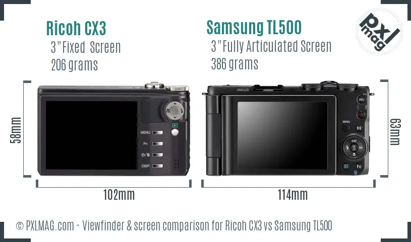Ricoh CX3 vs Samsung TL500 Screen and Viewfinder comparison