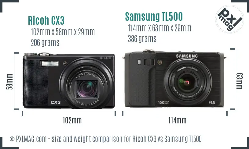 Ricoh CX3 vs Samsung TL500 size comparison