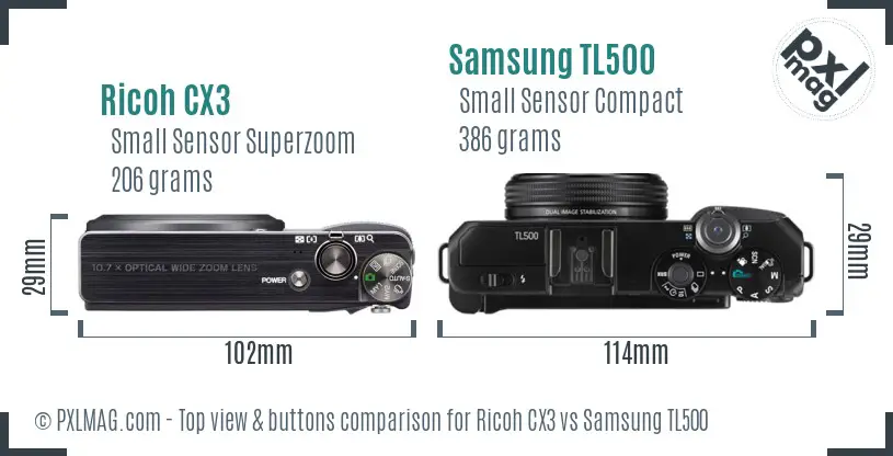 Ricoh CX3 vs Samsung TL500 top view buttons comparison