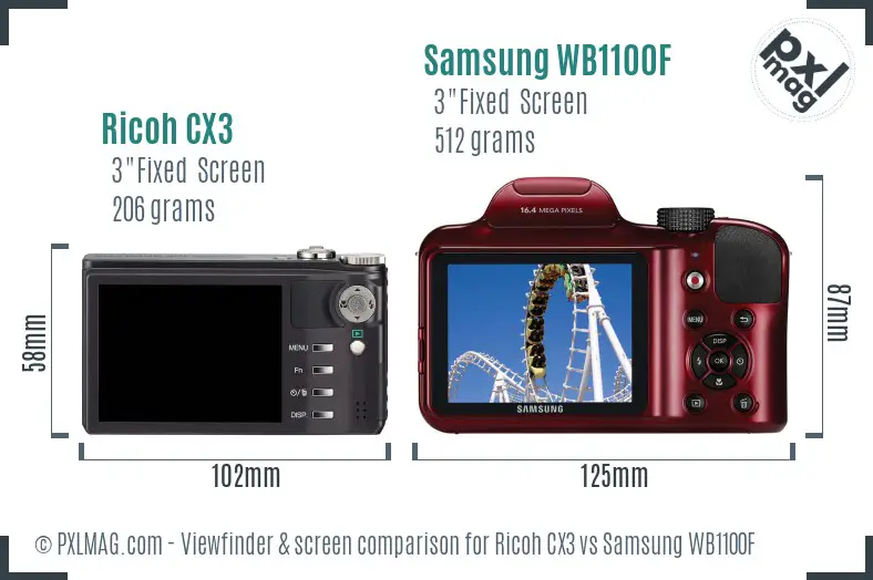 Ricoh CX3 vs Samsung WB1100F Screen and Viewfinder comparison