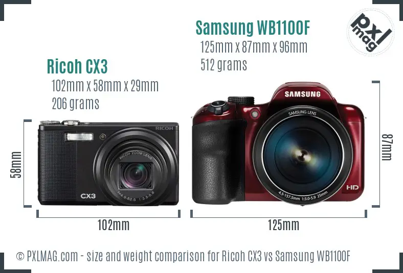 Ricoh CX3 vs Samsung WB1100F size comparison